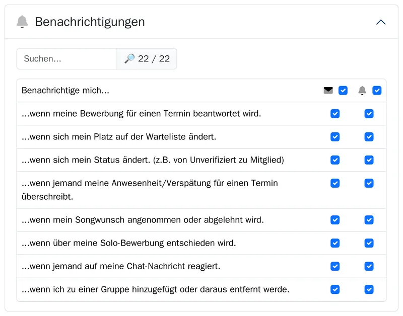 Tabelle „Benachrichtige mich …“ mit je einem Haken für E-Mail und Push, etwa wenn ein Songwunsch angenommen wird oder jemand auf eine Nachricht reagiert.