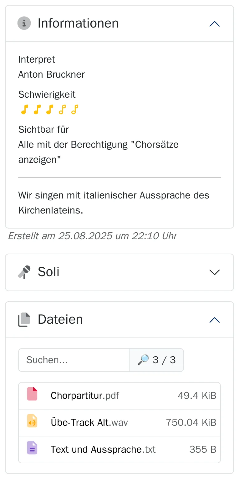 Am Handy: der Chorsatz „Locus iste“ von Anton Bruckner mit Chorpartitur, Übungs-Track Alt und Text mit Aussprache.