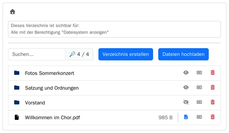 Dateiablage mit den Ordnern Fotos Sommerkonzert, Satzung und Ordnungen und Vorstand und einer PDF-Datei.
