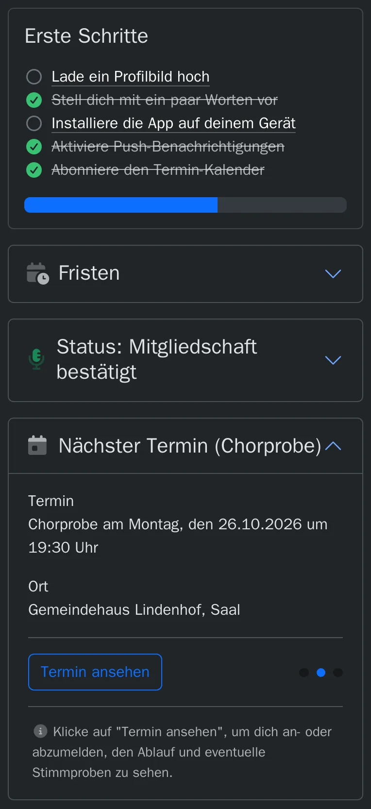 Die Startseite am Handy im dunklen Farbschema mit den ersten Schritten, den Fristen und dem nächsten Termin.