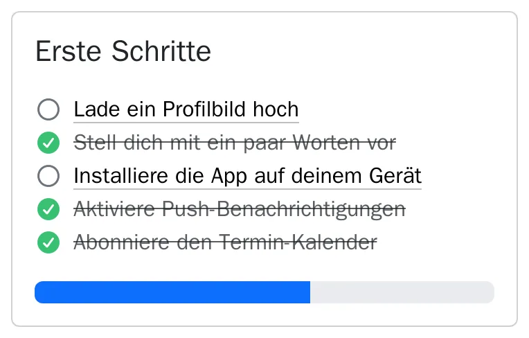 Startseite am Handy mit „Erste Schritte“: Profilbild, Vorstellung, App installieren, Push-Benachrichtigungen und Kalender-Abo.