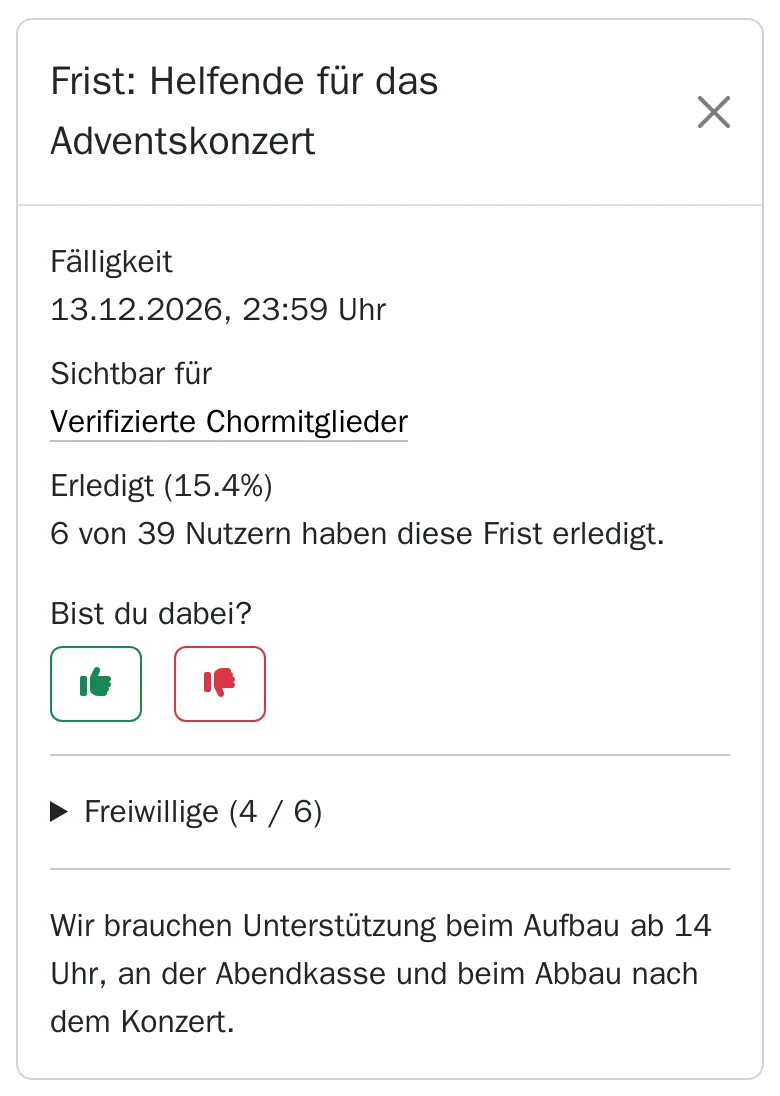 Am Handy: die Frist „Helfende für das Adventskonzert“ mit Fälligkeit, Knöpfen für Ja und Nein und vier von sechs Freiwilligen.