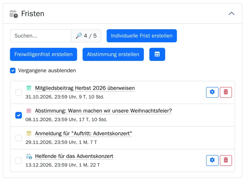 Fristen im Herbst 2026 als Liste: Mitgliedsbeitrag überweisen, Abstimmung zur Weihnachtsfeier, Anmeldung zum Adventskonzert, Helfende für das Konzert.