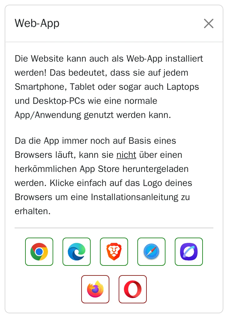 Am Handy: Dialog „Web-App“ mit einer Erklärung und den Symbolen der Browser, in denen sich die App installieren lässt.