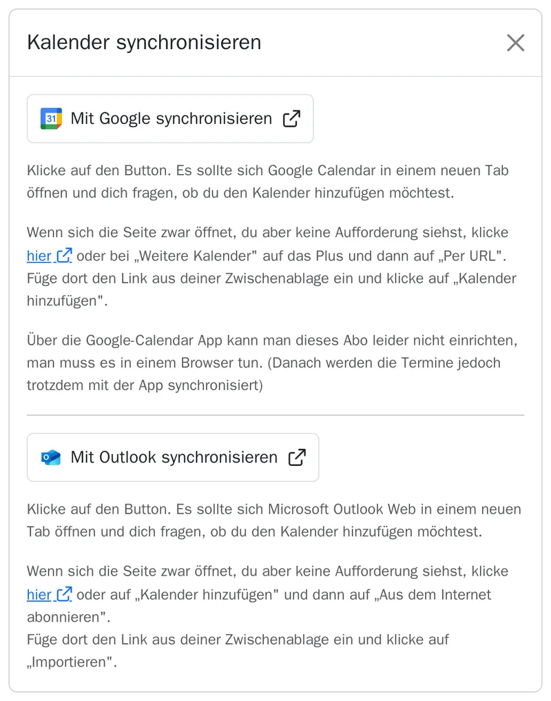 Dialog „Kalender synchronisieren“ mit Knöpfen für Google und Outlook und einer kurzen Anleitung.
