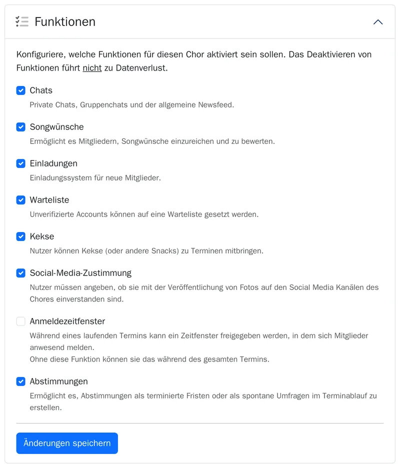 Funktionsschalter eines Chors: Chats, Songwünsche, Einladungen, Warteliste, Kekse, Social-Media-Zustimmung, Anmeldezeitfenster, Abstimmungen.