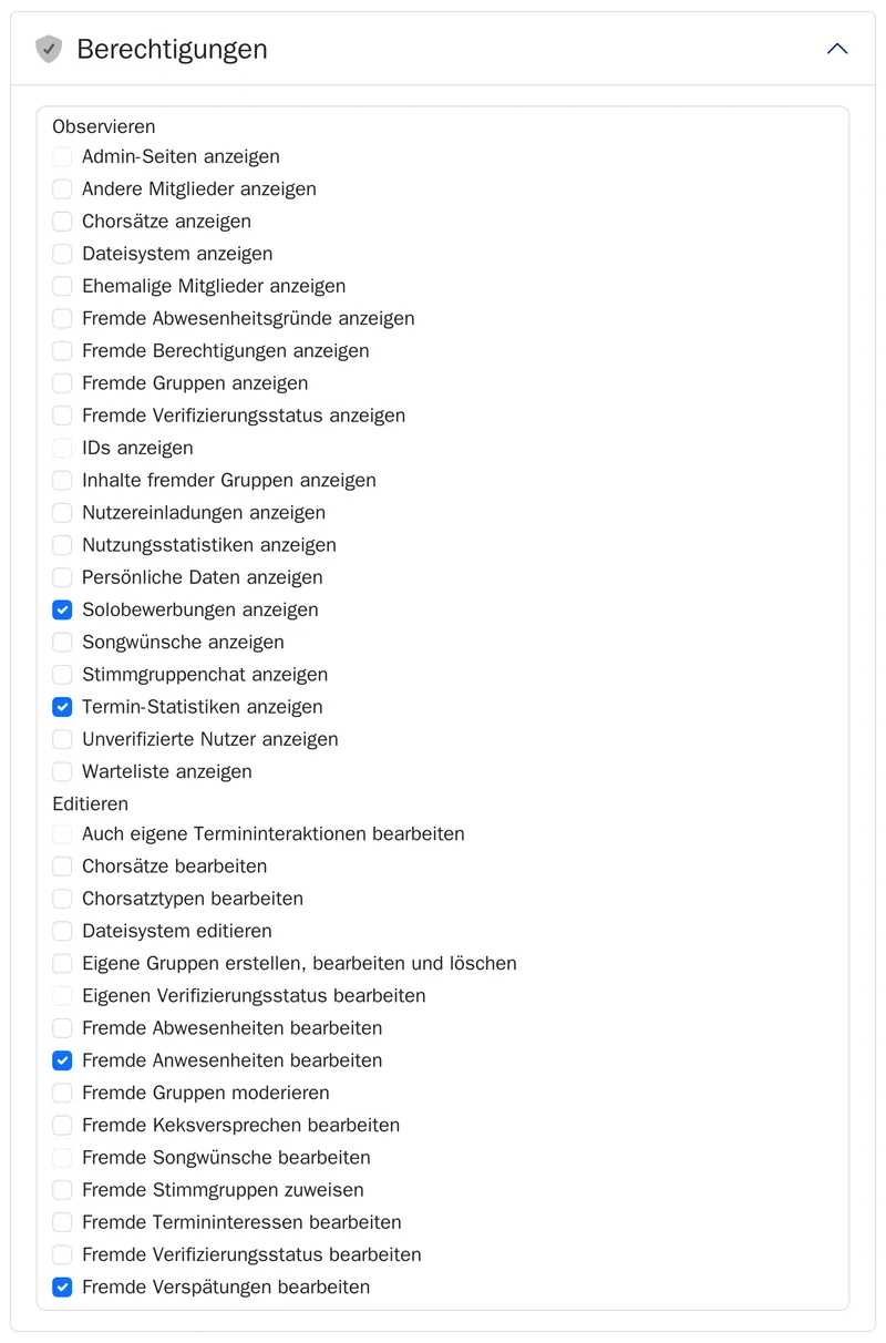 Berechtigungen der Gruppe Stimmführung, geordnet nach Observieren und Editieren, einzelne Rechte angehakt.