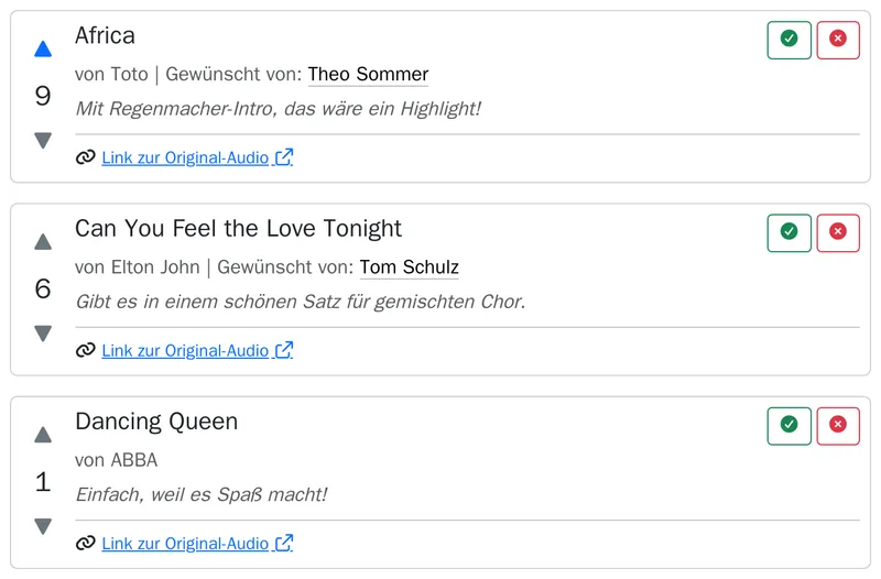 Songwünsche mit Stimmen: „Africa“ (9), „Can You Feel the Love Tonight“ (6) und „Dancing Queen“ (1), je mit Knöpfen zum Annehmen und Ablehnen.