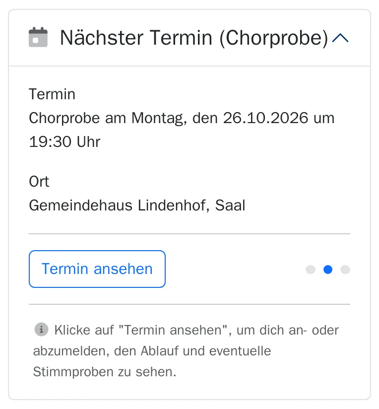 Startseite am Handy: Karte „Nächster Termin“ mit der Chorprobe am Montag, 12.10.2026, 19:30 Uhr im Gemeindehaus Lindenhof.