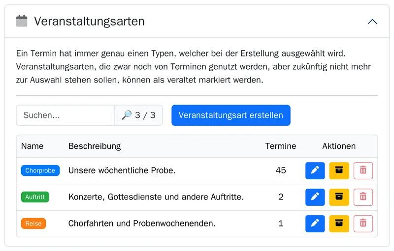 Veranstaltungsarten Chorprobe, Auftritt und Reise mit Farbe, Beschreibung und der Zahl ihrer Termine.